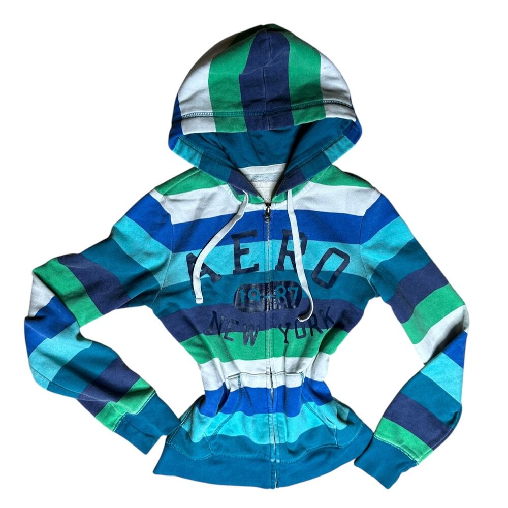 Aeropostale Y2K Striped AERO 1987 New York Zip Up Hoodie